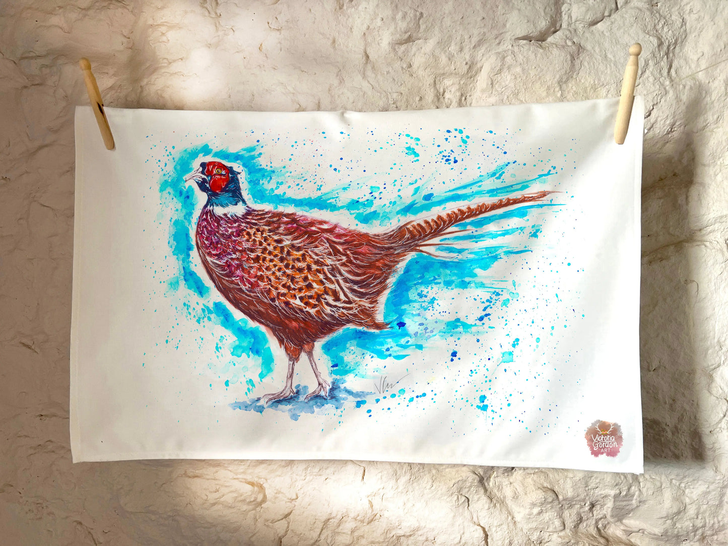 Patrick the Pheasant Cotton Tea Towel Victoria Gordon Art Trade